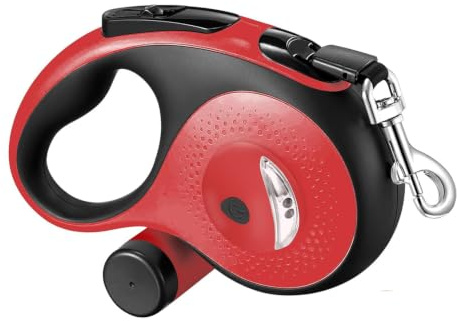 Retractable Dog Lead 8m Extendable Dog Lead for Medium Large Dogs Up To 50kg, 360° Tangle-Free Non-Slip Handle with One-Handed Brake Pause, Built-in Flashlight & Poop Bag Dispenser, Red