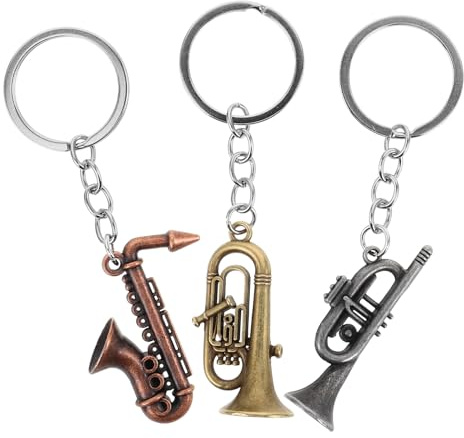 EXAOMBLE Set de 3 Llaveros de Saxofón Vintage de Metal, Pulidos Finamente, Diseño de Trompeta para Amantes Música y Favores de Fiesta Rock And Roll