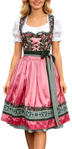 Generisk festlig Dirndl-klänning med blommigt satinbroderi – elegant oktoberfest kostym med volangförkläde, bayersk stil