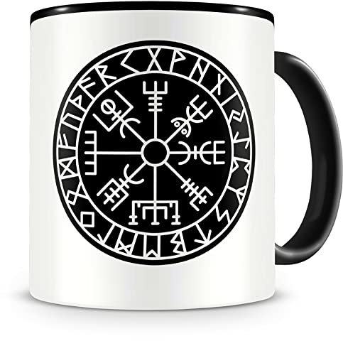 Samunshi® Vegvisir mit Runen B Tasse Kaffeetasse Teetasse Vikinger Wikinger Germanen schwarz 300ml