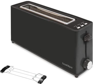 Bastilipo - Firefox AN-900 Toaster, Schwarz, Langschlitz, 900 W – Auftaufunktion – Krümelschublade