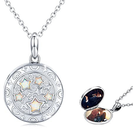 JFASHOP Medaillon Kette Damen Sterling Silber 925 Opal Stern Halskette Amulett Runde Anhänger Zum Öffnen für Bilder Foto Schmuck Muttertags Geschenke für Freundin Frau Mädchen Kinder