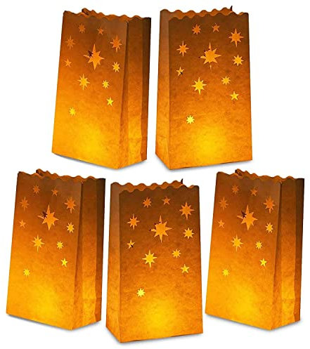 Stmarry White Paper Luminary Bags - 50-Pack Candle Lantern Bags, Fire-Retardant, Star Luminaries for Christmas, Weddings, Birthday Party Decoration, Use with Tealights, Votive, 5.9 x 10 x 3.5 Inches