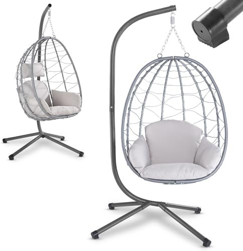 Juskys Hängesessel Aria mit Gestell höhenverstellbar, faltbar & ergonomisch - Outdoor & Indoor - bis 130 kg - Polyrattan Korbhängesessel inkl. Kissen - Silber