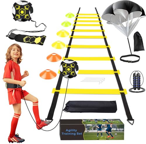 YGORTECH Fussball Trainingszubehör Koordinationsleiter Fußball Trainingsset mit 6 m Trainingsleiter 6 x Kegel, Fußball-Kicktrainer, Springseil,Widerstands-Fallschirm Geschenke für Kinder