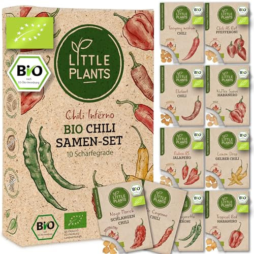 Little Plants Chili Samen Set - 10 Sorten Schärfe 1 bis 10 - Chilisamen-Set - 100% natürlich & extra viele Chili-Samen