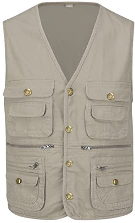 YOUTHUP Herr Multi Pocket Gilet utomhus fiskeväst bomull fotografi jakt safari väst användbarhet ärmlös jacka, Khaki, XXL