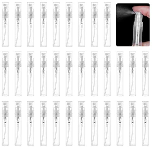 AFASOES 50 Pcs Mini Spray Bottle, 5ml Empty Perfume Atomiser Fine Mister Empty Spritzer Bottles Refillable Perfume Atomizer Travel Perfume Liquid Sample Atomizer for Cosmetic Essential Oil, Clear