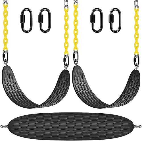 BeneLabel Heavy Duty Swing Seats (2 Pack) with 66 Inch Chain and Carabiners, Comfortable and Durable Plastic Coated Swing Set Accessories Replacement for Outdoor Playground, Black
