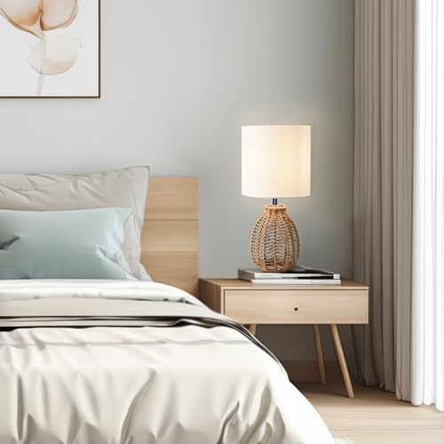 lux.pro Lámpara de Mesa con Pantalla Cilíndrica Base de Cuerda de Yute Lámpara para Mesilla de Noche Atmósfera Cálida 1x E14 40 W Metal Tela (100% poliéster) 36xØ17 cm - Blanco/Beige/Cromado