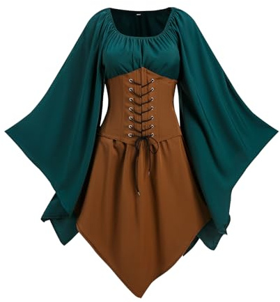NFAOEGJ Vestido medieval para mujer con mangas de trompeta, vestido tradicional irlandés para mujer, renacentista, cosplay, carnaval, fiesta, Halloween (Verde-2, S)