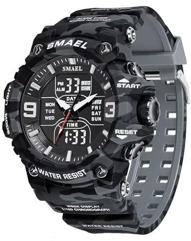 SMAEL Militärklockor för män utomhus sport digital klocka vattentät LED datum larm armbandsur för män, Kamouflagegrönt, Large Face
