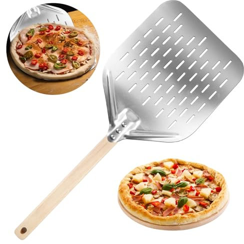 GOEDCH Pizzaschieber Perforiert: 12 Zoll Perforiert Pizzaschaufel aus Eloxiertes Aluminium, Pizza Schieber Mit Verbrühungshemmend Griff, langem Abnehmbaren Griff, für hausgemachte Pizza, Brot, Kuchen