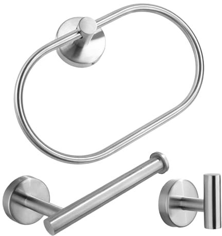 Bathroom Hardware Accessories 3 Set - SUS304 Stainless Steel Brushed Towel Ring, Toilet Paper Holder, Towel Hook 09-0311