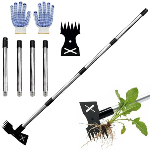 Ylluuoe 150cm Weed Remover Tool with Long Handle, Pulling Tool with Detachable Pole,2 in 1 Garden Hoe and Weed 5-Prong Claw Rake,Heavy Duty Weed Puller for Flower Bed Yard Garden Lawn Patio