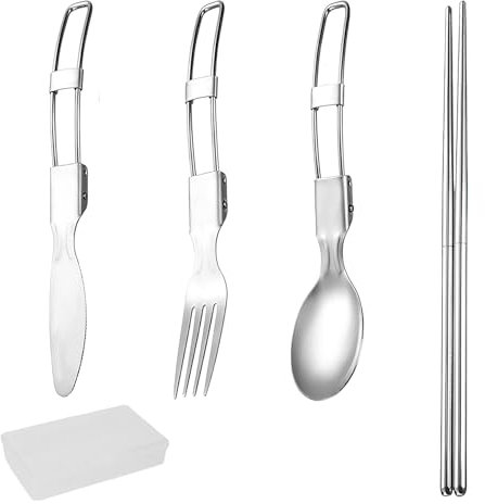 Folding Spoon & Folding Fork with Foldable Knife – Complete Portable Cutlery Set with Folding Chopsticks for Travel, Office, Camping & Outdoor Use