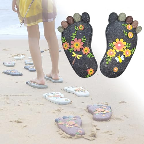 Pietra calpestabile da giardino， Pietra decorativa for camminamenti con impronte di piedi dimensionali e motivo floreale, pietra decorativa for esterni vibrante for cortile/sentiero(Dark Gray,3PCS)