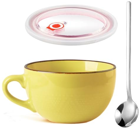 Taza de Café Grande, 700 ml Tazas de Café de Cerámica, Reutilizable Cuencos para cereales con Asa, Bol de Avena, Ensaladera Con Tapas y Cuchara, Taza de Cafés Capuchino, Para Oficinas (Amarillo)