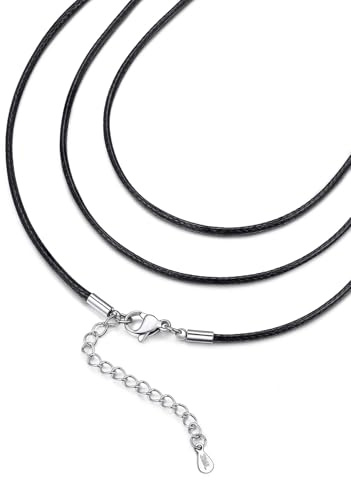 FaithHeart 1,5 mm Collier Cuir Femme Fine pour Pendentif 70 cm, Collier Cordon Noir Homme en Simili Cuir Tressé, Chaine de Corde Cirée Ajustable de 70-75 cm