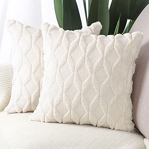 Madizz 2er Set Sanft Plüsch Kurze Wolle Samt Dekorativ Zierkissenbezüge Luxus Stil Kissenbezug für Sofa für Schlafzimmer Beige 60x60 cm Quadrat