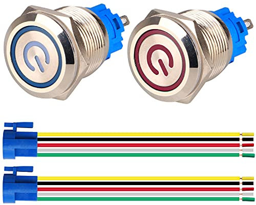 GUUZI 2 Stück Verriegelnder Druckknopfschalter 1NO1NC Wasserdichter Edelstahlmantel 220V-230V/5A LED-Ring Beleuchteter Schalter mit Kabelbuchsenstecker Geeignet für 19mm Montageloch(Blau+Rot)