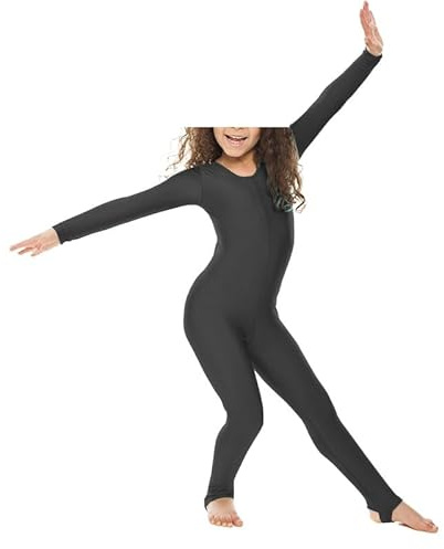 R&N FASHIONS - Body da ragazza in nylon lucido a maniche lunghe - Tutina integrale - Leotard – Abbigliamento da performance - Vestibilità comoda - Perfetto per danza, balletto, ginnastica, Nero , 7
