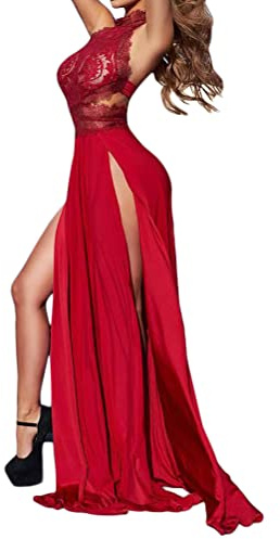 ORANDESIGNE Robe de Soirée Longue Femme avec Ruchés Classique Fendue Robe de Soirée Dentelle Patchwork à Paillettes Empire Élégante