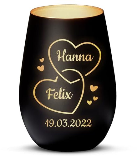 Love Faith Zwei Herzen - Personalisiert graviertes Schwarz/Gold Windlicht für Hochzeit mit Namen und Jahrestag als Geschenk für Brautpaare