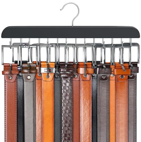 Resovo Gürtelaufhänger für Schrank, max. 42 Gürtel, Gürtel-Organizer, Schrankzubehör mit 14 Haken, Gürtelablage, stabiles Holz, für Schrank-Organizer und Aufbewahrung, Schwarz, 1 Stück