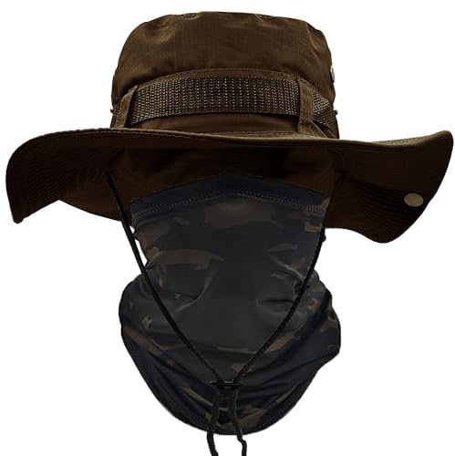 ehsbuy Sonnenhut Herren UPF 50+ Safari Hut Sommerhut Breiter Krempe Camo Wanderhut Armee Boonie Hut mit Kühlender Multifunktionstuch Schlauchschal Outdoor Fischerhut