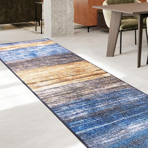 Floordirekt Teppich Läufer Flur, Küche & Wohnraum Küchenläufer - Rutschfester Moderner Kurzflor Flurteppich Brücke für Wohnzimmer & Schlafzimmer Meterware nach Maß, Blau-Braun, 80 x 250 cm (Cancun)