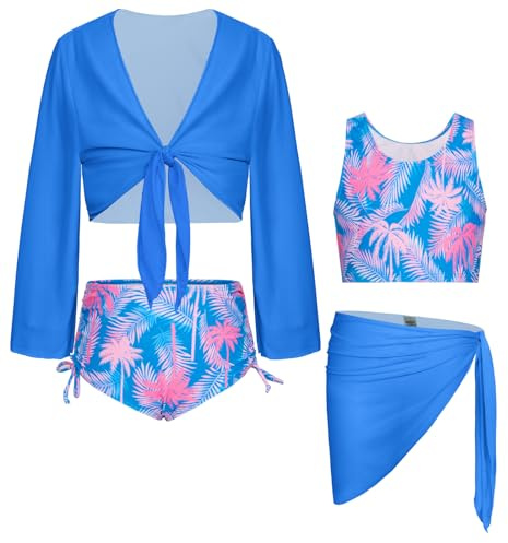 GRACE KARIN Blue Swimsuit Girls Coconut Long Sleeve Cover Up Taniki Bathing Suit for Girls 8-10 with Kimono