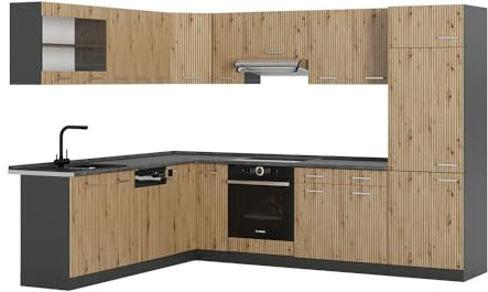 Vicco Hörnkök R-Line, Hantverks ek/antracit, 287 x 227 cm, AP Antracit, för individuell utbyggnad med kompatibla tilläggsmoduler