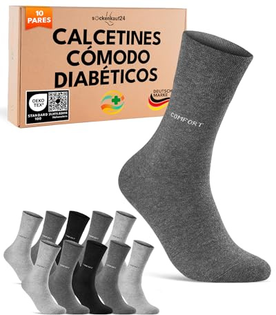 sockenkauf24 Calcetines Cómodo Diabéticos Hombre 43-46 sin Elástico y sin Costuras con Cintura de Confort Algodón Negro Gris Antracita 10 Pares