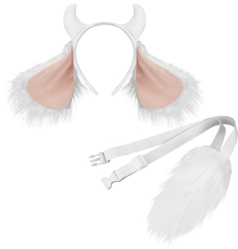 XEPST Set med djurget, getöron och svans, set med gethorn pannband och getsvans för djurkostym, cosplay, födelsedagsfest, världsbok, dag, halloween, kostym, maskeradkläder, festtillbehör