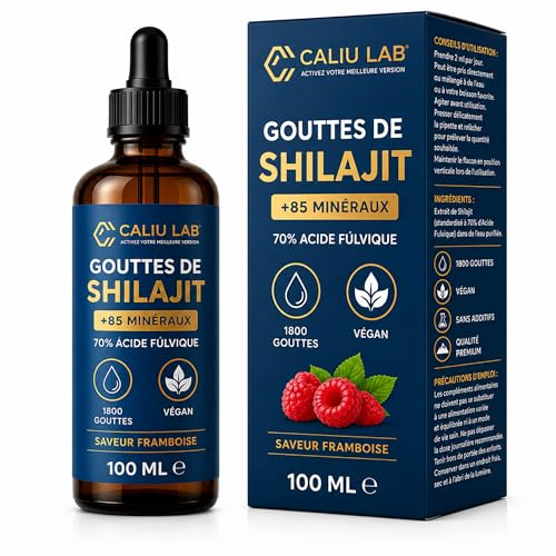 Shilajit droppar 70% fulvinsyra – 100 ml – med +85 naturliga mineraler – flytande kosttillskott – för energi, vitalitet & allmänt välbefinnande – hallonsmak – vegansk