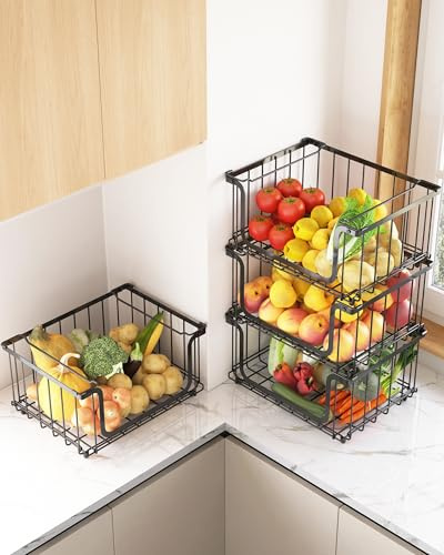 UMDONX 4 Piezas Fruteros de Cocina Metálica Cestas de Alambre Apilable 39,5x32,5x20cm Grande Cesta de Fruta con Asa Almacenamiento de Cocina para Frutas y Verduras(Negro)