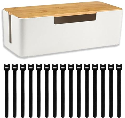 Scatola organizer per cavi, con coperchio in legno, per la gestione dei cavi, adatta per la conservazione e l'organizzazione di fili da scrivania da ufficio, con coperchio in legno, bianco