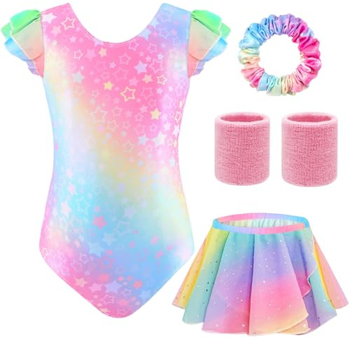 TOSZOLY Justaucorps Gymnastique Fille – Ensemble 5 Pièces, Justaucorps à Manches à Volants, Jupe, Bandeau, Poignets, Tenue Danse Ballet 4-9 Ans, Idéal pour Spectacle, Entraînement ou Cours de Danse