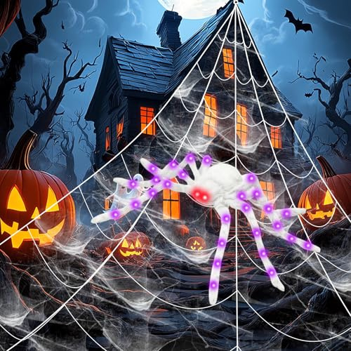 Decoración Halloween Araña Gigante Peluda Blanca 125cm con LED, 500cm Telaraña Gigante, 40g Algodón Telaraña, 20 Mini Arañas, XL Decoracion Exterior Aterradora para Fiestas Porche Casas Encantadas