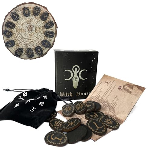 Träruna | Häxspådomsset | 14 stycken graverade symboler | esoteriskt kit | för magisk praktisk meditation läsning av andliga artefakter öde nordiska väskor
