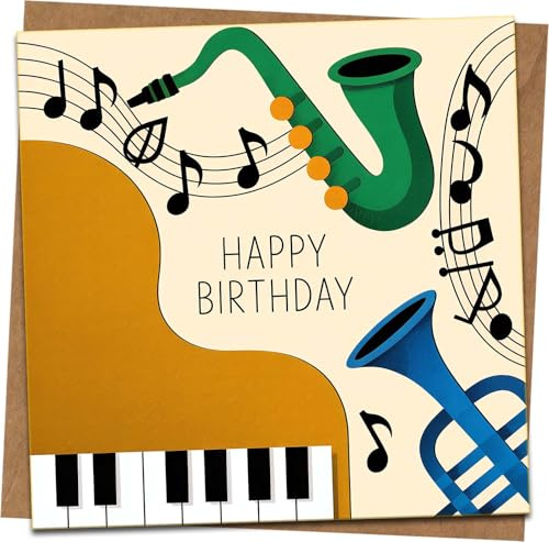 Happy Birthday Music Theme Greeting Card, 145mm x 145mm Square, Saxophone Trumpet & Piano Design, Blank Inside, with Kraft Envelope