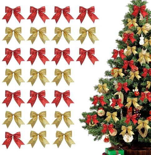 BSITSSS 24 Pezzi Fiocchi Natalizi Glitterati, Rosso Oro Fiocchi per Albero di Natale, Paillettes Nastro Fiocchetti per Decorare Celebrazioni Familiari Feste di Natale Matrimonio