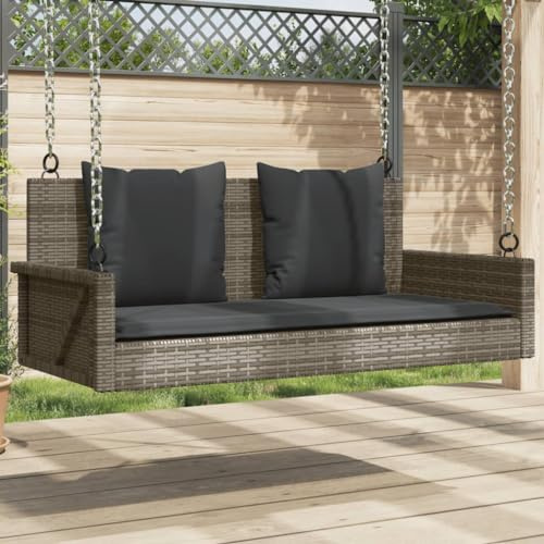 SKTQYQO Panchina Dondolo Grigia con Cuscini in Polyrattan Sintetico e Struttura in Acciaio, 119x56x48 cm, per Esterni, Sospensione, Relax, Dondolio, Seduta Confortevole e Resistente