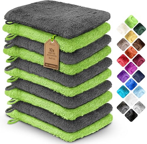 NatureMark 10x Waschhandschuhe aus Frottee 100% Baumwolle – Weich und Robust, Ideal für die tägliche Pflege und Gäste – Anthrazit/Apfelgrün 15x21 cm