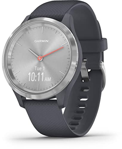 Garmin Vivomove 3S Hybrid Smartwatch with Real Watch Hands and Hidden Touchscreen Display, Granite Blue Silicone with Silver Hardware (Refurbished)