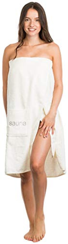 Brandsseller Paréo de sauna Kilt de sauna pour femme S-XXL avec fermeture Velcro, élastique et poche 100% coton - ecru