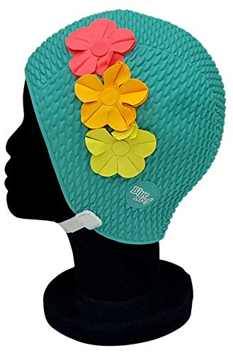 Blue Reef Paris bubbla enkel färg blommig dam klassisk retro 3 blomma tropisk rad 3D kronblad 3 färger snygg vintage badmössa badmössa en storlek vuxna med justerbar rem (grön)