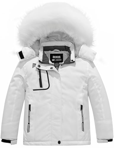 Skieer Girl's Winter Hooded Ski Jacket Windproof Insulated Raincoats (White,8)