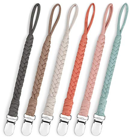 Pacifier Clip for Boys and Girls, Handmade Braided Cotton Baby Pacifier Holder Leash Smoother Clip Fits All Pacifiers Modern Unisex Baby Shower Set 6 Pack